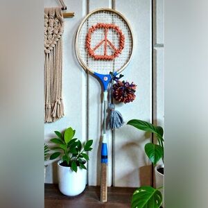 Embroidered Peace Sign Vintage Wooden Badminton Racket